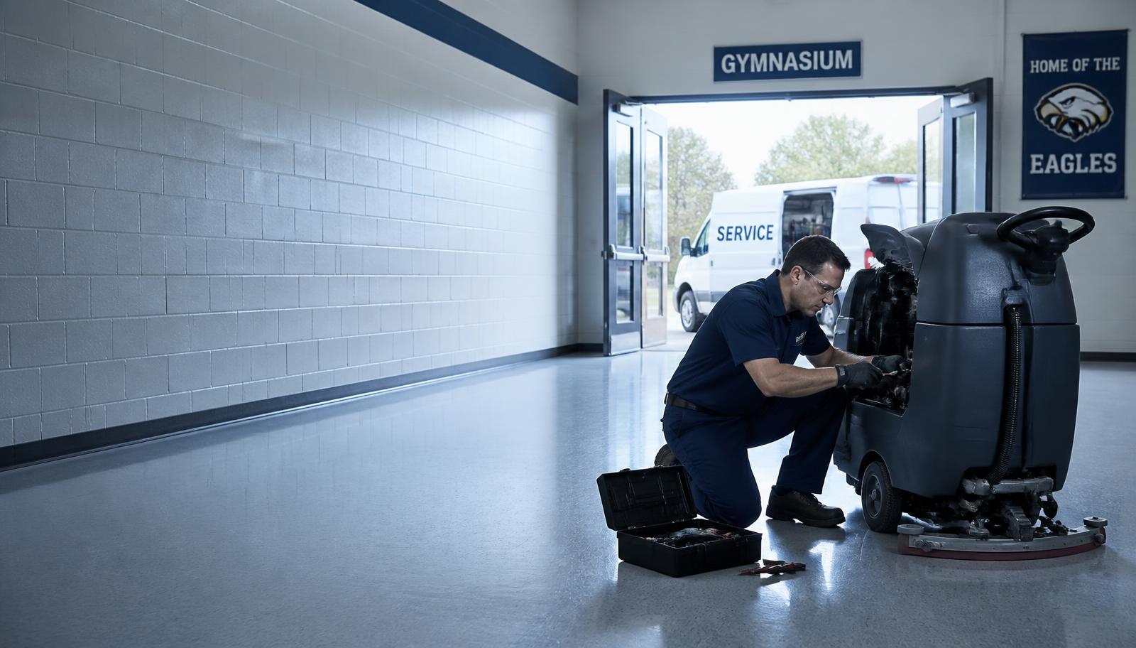 Pike service technician repairing a commercial floor scrubber at a school